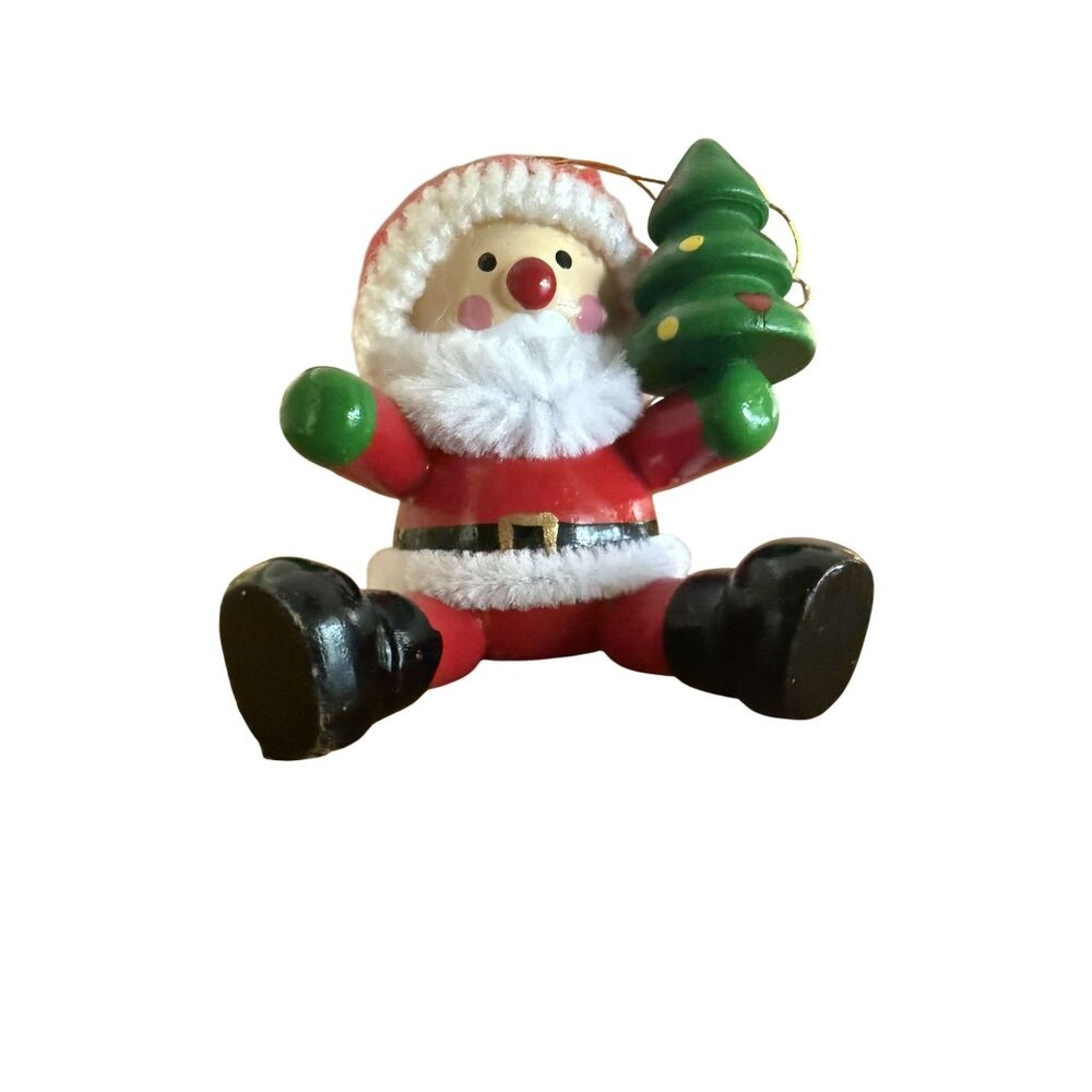 Rare 1988 DakinInc  Wooden Santa Claus Ornament With Knit Hat & Xmas Tree